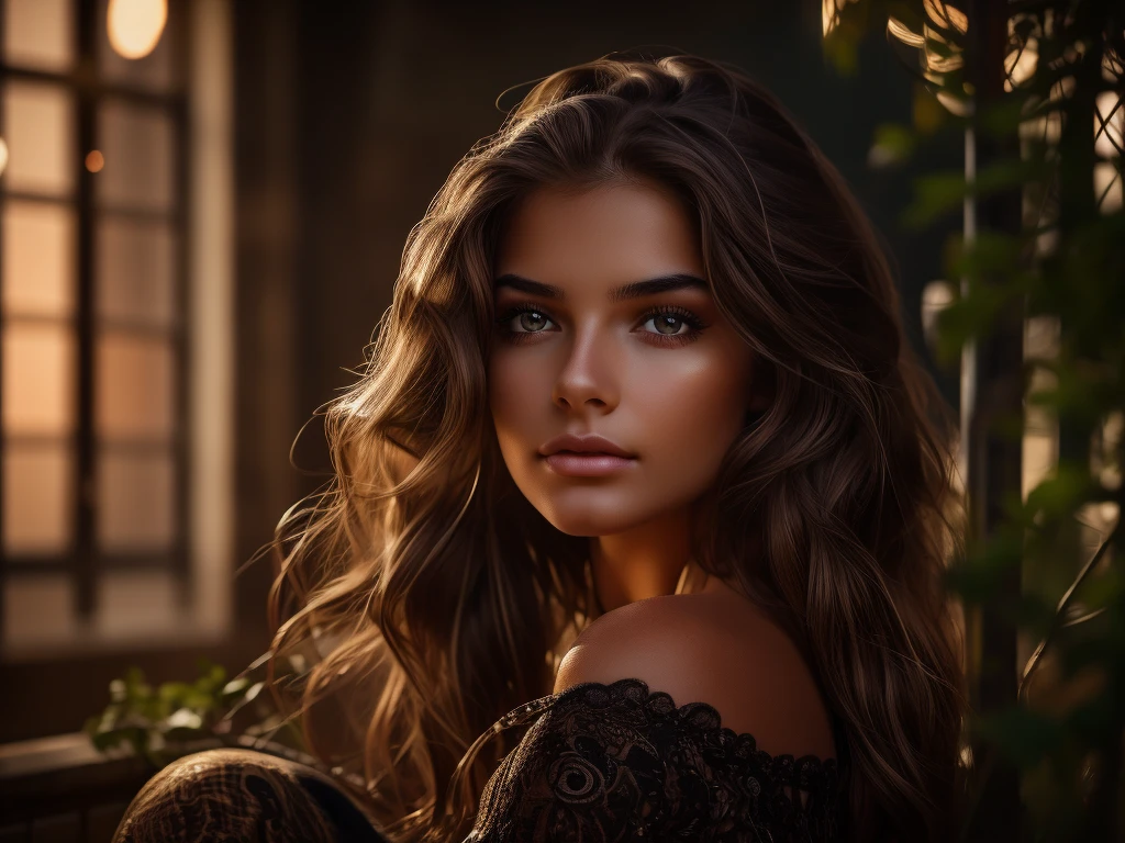 a young woman looking directly at the camera, beautiful detailed eyes, beautiful detailed lips, extremely detailed face, long eyelashes, brown hair, medium shot, photorealistic, highly detailed, cinematic lighting, warm color tones, masterpiece, hyper detailed