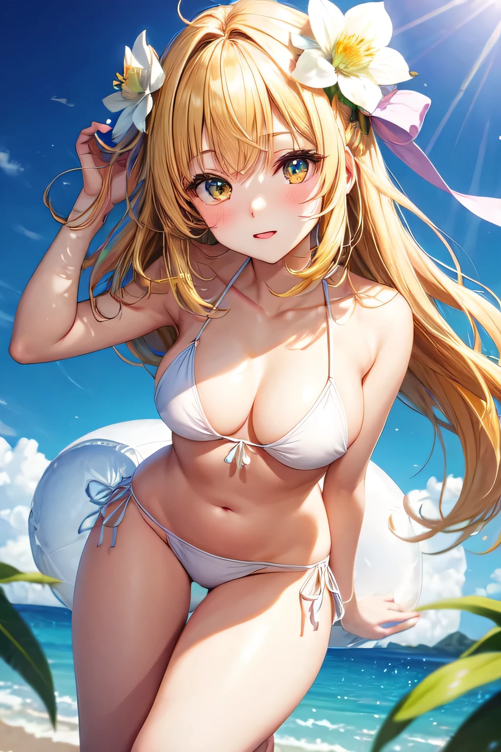 White bikini,blush,Yellow hair,Eye,whole body,There is a white flower on the head,The chest is medium large,