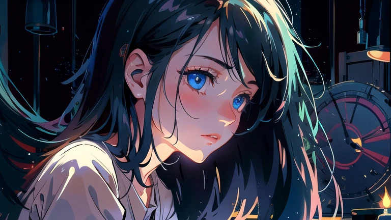 Create an illustration of a girl with black hair and blue eyes, sitting in a chair in front of a desk, Sentimental, Introspective look。, The moonlight gently shines into the room, Gently illuminate the space, Curtains sway in the wind, Increase tranquility, Dark mood, Emphasise the theme of loneliness, silence, And the depths of night, The room is dark、dimly lit by the moonlight