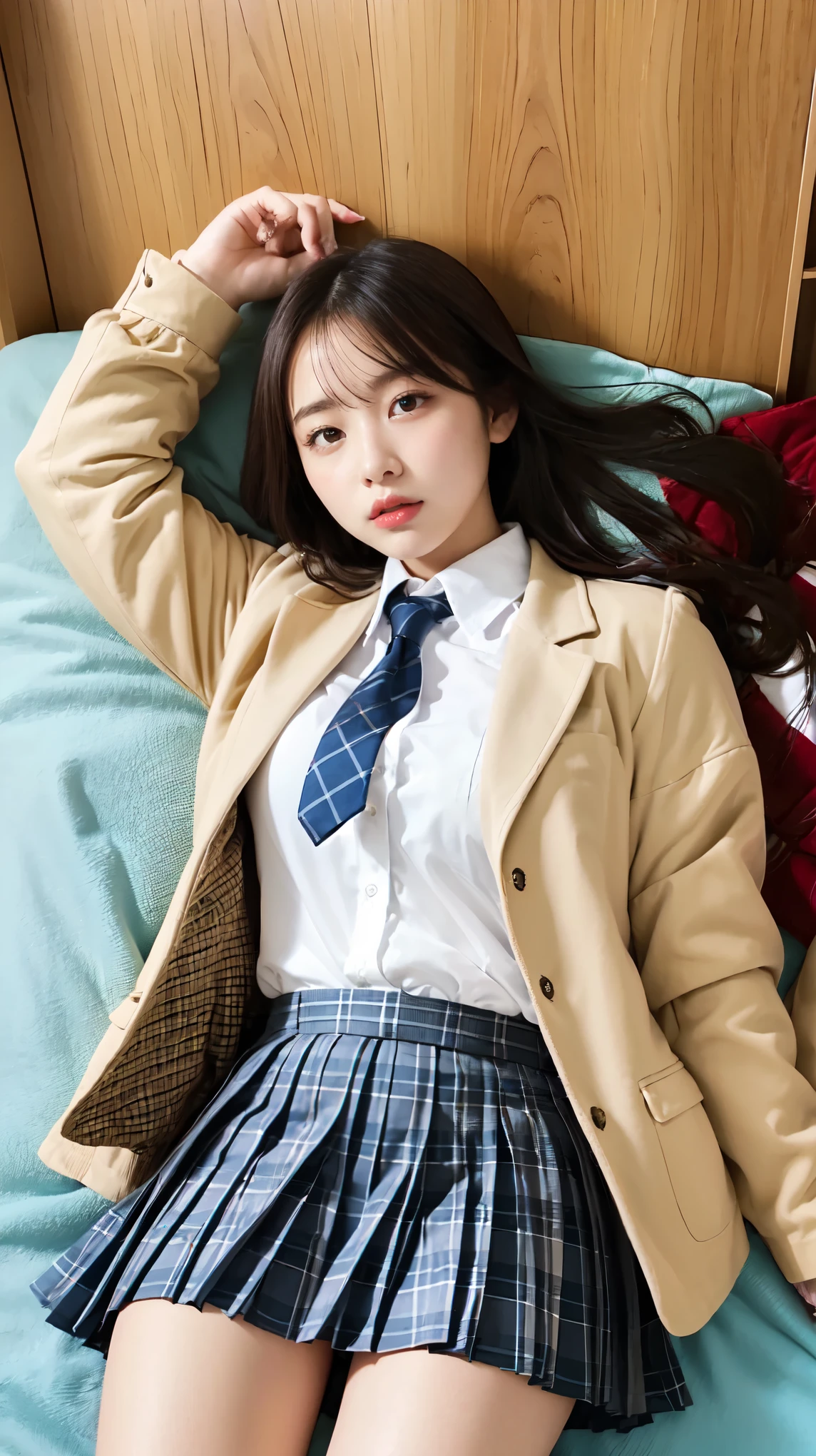 high school girl、uniform 、Beige jacket、Checkered pleated skirt、White shirt、Bedroom、lying on one&#39;s back on the bed、Sexy pose、Perfect proportions、cute、((20-year-old female, 1 person:1.2))、Young and adorable Japanese face，Big Breasts, valley, Official Art，Highly detailed CG Unity 8K wallpaper，（masterpiece:1.0),(Highest quality:1.0), High resolution,4K,Very detailed, photo shoot, 8K, nsfw, High resolution, Kodak Portrait 400, Film Grain, Lens flare brilliance, Professional Lighting,Cinematic Light, View your viewers