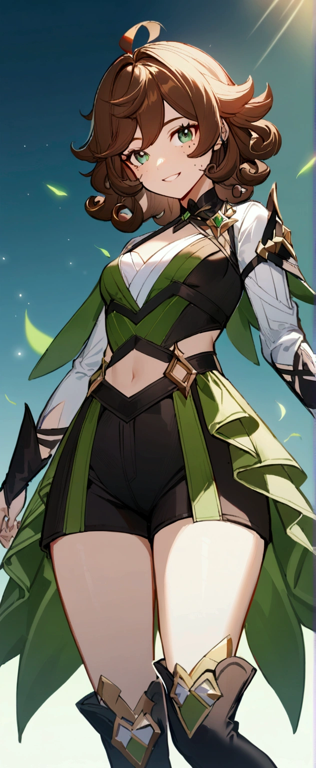 1girl, Gender is girl. Slightly freckled face. brown curly hair. Emerald green eyes. Devilish grin. Design her an hero outfit. Genshin impact style outfit. There is no green color in the outfit. So much detailed.