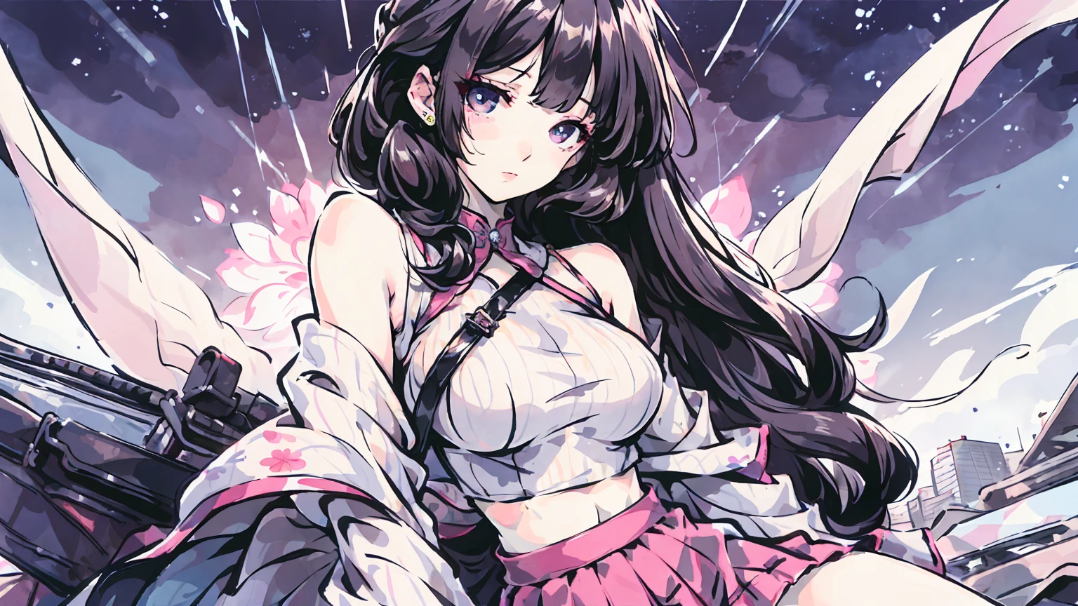 (masterpiece, best quality), beautiful woman, soft light, crop-top with floral pattern, short skirt, cleveage, wavy hair, ponytail, asymmetrical bangs, perfect face, beautiful face, alluring, big gorgeous eyes, soft smile, perfect slim fit body, outdoors, standing, abstract background, bright colors, (risograph), full body shot, fullbody, medium breasts, solo, cleveage, sexy