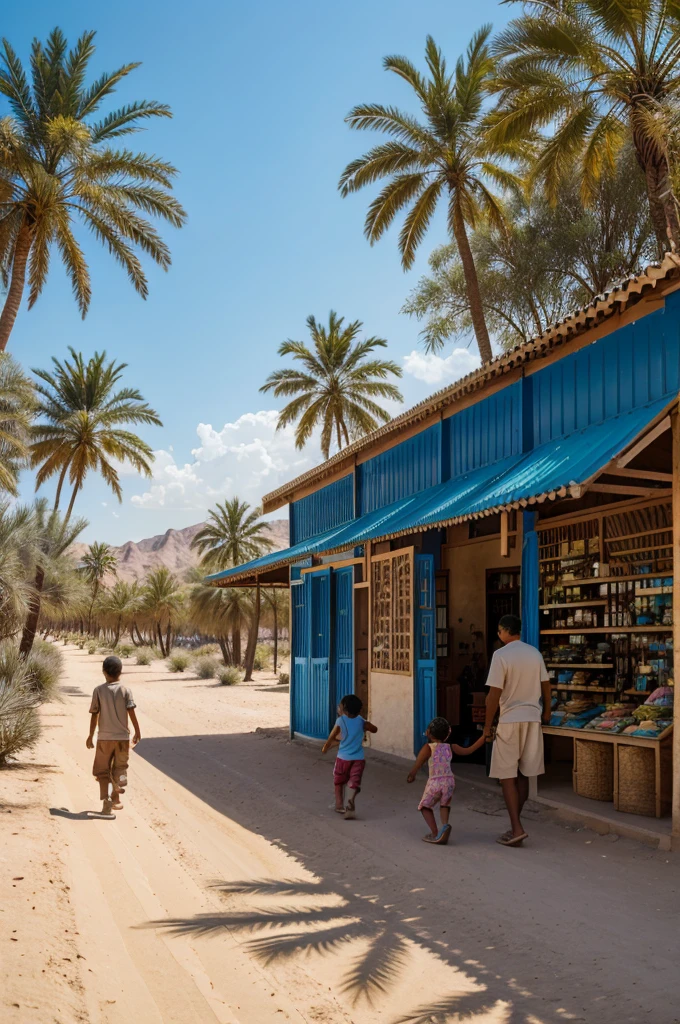 In desert a man walking to the lake under blue sky and house nearby and a shop with camel and children running surrounded by coconut trees