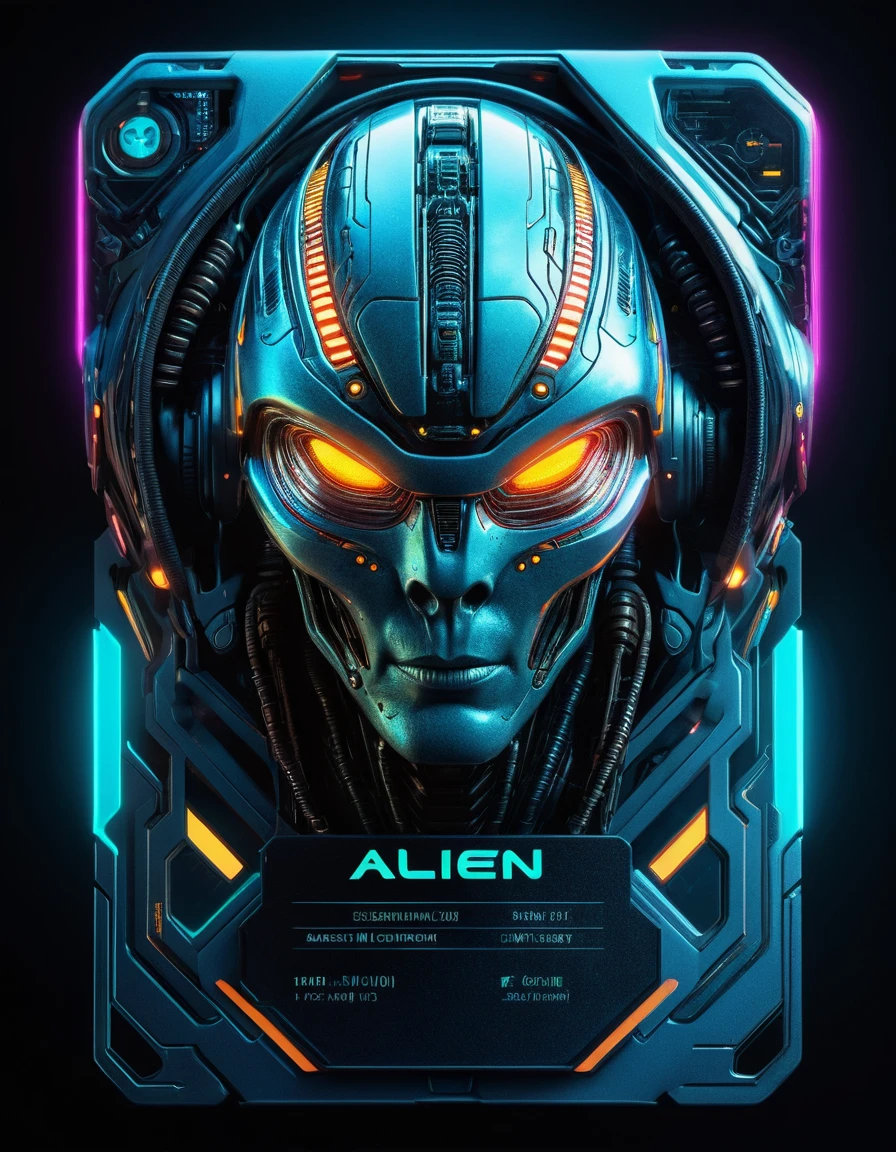 A highly detailed alien ID card, photorealistic, intricate cyborg details, complex machinery, glowing futuristic elements, neon highlights, dramatic lighting, vibrant color palette, cinematic composition