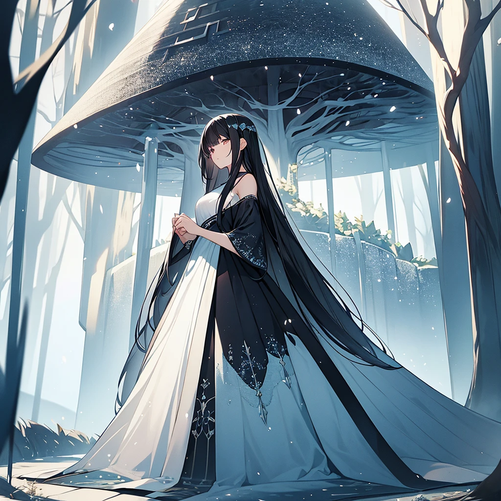 Young woman,dark black hair,put on a dress,play white,stand with back,In front is a big tree.,Fantasy,beautiful colors,Lots of colors