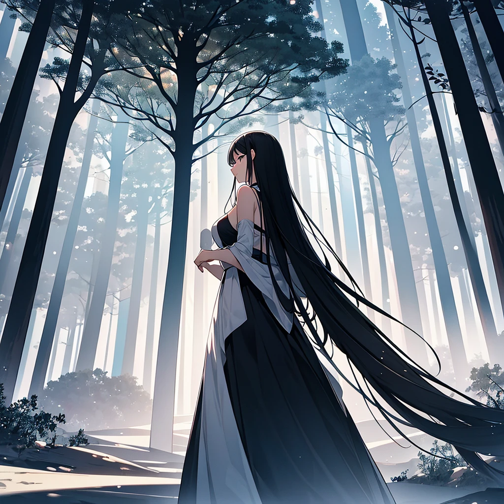 Young woman,dark black hair,put on a dress,play white,stand with back,In front is a big tree.,Fantasy,beautiful colors,Lots of colors