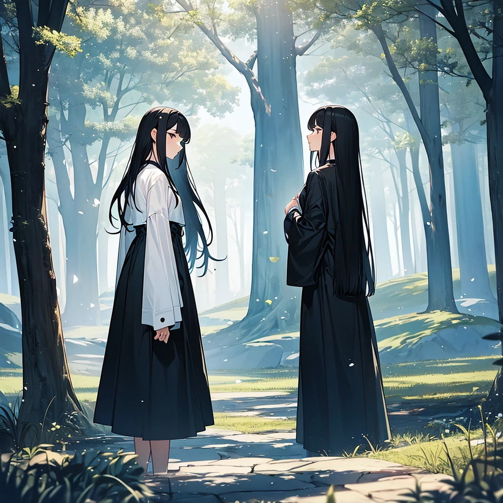 Young woman,dark black hair,put on a dress,play white,stand with back,In front is a big tree.,Fantasy,beautiful colors,Lots of colors