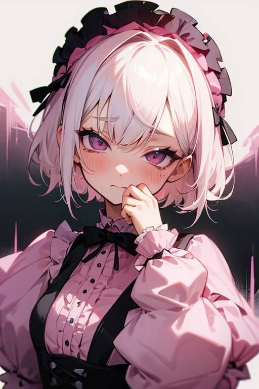 (Masterpiece, Best quality, ultra high resolution),1girl,white and pink hair, (blood), (face covered in blood),(demon girl),bob cut,fantasy, beautiful and detailed face, detailed eyes, glowing eyes,small chest,in the dark cave,blushing, nervous smile,embarrassed, (pink lolita dress), pink eyes, looking at the viewer,(grey theme),(yandere)
