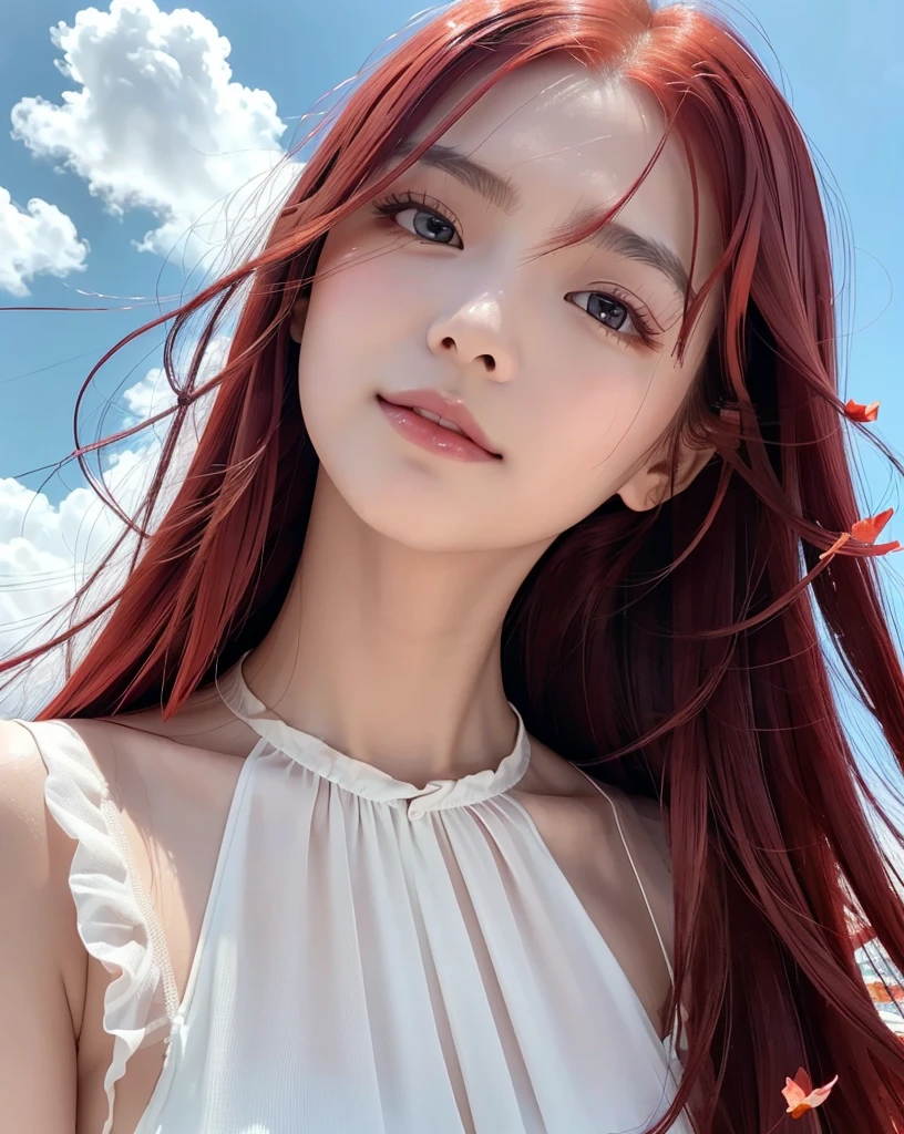 (Highest quality, 32k, High resolution, Masterpiece:1.5, ), marimo_jet, god々A photograph with brilliant dazzling and healing power., Evoking a sense of calm and elusive beauty, Expressing emotions, Have a rich imagination, Beautiful Japanese Girls, ((Low - Angle:1.4)), An exceptionally beautiful face, Small Face Beauty, Perfect Human Anatomy, Magical big eyes, Motherhood and generosity, Deep Love, fleeting smile, ((Shiny Red Hair:1.4)), Super long straight silk hair swaying in the wind, Asymmetrical bangs, Hair between the eyes, Transparent, soft white skin, Sharp eyebrows, Thin lashes, Natural Makeup, Cheek highlighter, Lips with fine detail, (White see-through camisole:1.4), High resolutionの完璧な鎖骨, High resolutionの美しい胸元, Slim figure with ample breasts, High resolutionの美しい太もも, ((Beautifully detailed skies:1.2)), ((Vibrant petal effect:1.3)), Professional photographer, Professional Lighting, Professional models, god秘的
