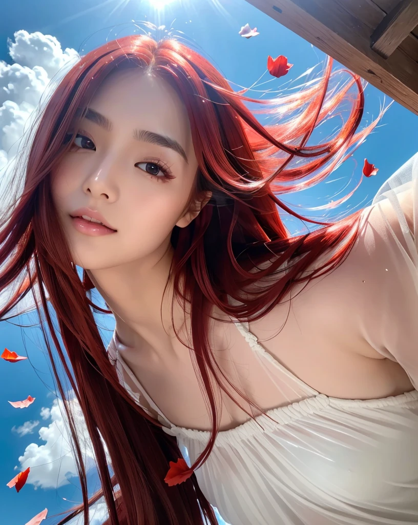 (Highest quality, 32k, High resolution, Masterpiece:1.5, ), marimo_jet, god々A photograph with brilliant dazzling and healing power., Evoking a sense of calm and elusive beauty, Expressing emotions, Have a rich imagination, Beautiful Japanese Girls, ((Low - Angle:1.4)), An exceptionally beautiful face, Small Face Beauty, Perfect Human Anatomy, Magical big eyes, Motherhood and generosity, Deep Love, fleeting smile, ((Shiny Red Hair:1.4)), Super long straight silk hair swaying in the wind, Asymmetrical bangs, Hair between the eyes, Transparent, soft white skin, Sharp eyebrows, Thin lashes, Natural Makeup, Cheek highlighter, Lips with fine detail, (White see-through camisole:1.4), High resolutionの完璧な鎖骨, High resolutionの美しい胸元, Slim figure with ample breasts, High resolutionの美しい太もも, ((Beautifully detailed skies:1.2)), ((Vibrant petal effect:1.3)), Professional photographer, Professional Lighting, Professional models, god秘的
