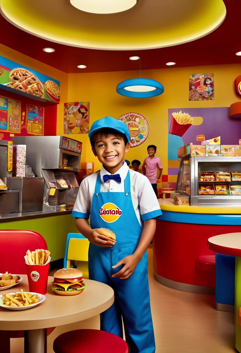 (Fast Food Worker), In the children's play area of a fast food restaurant, a male employee wearing branded doll clothing is playing and interacting with children. His expression is full of humor and vitality, attracting the children's attention. The background is a cheerful play area full of children's elements, full body, (Photography), panoramic view, award-winning, cinematic still, emotional, vignette, dynamic, vivid, (masterpiece, best quality, Professional, perfect composition, very aesthetic, absurdres, ultra-detailed, intricate details:1.3)