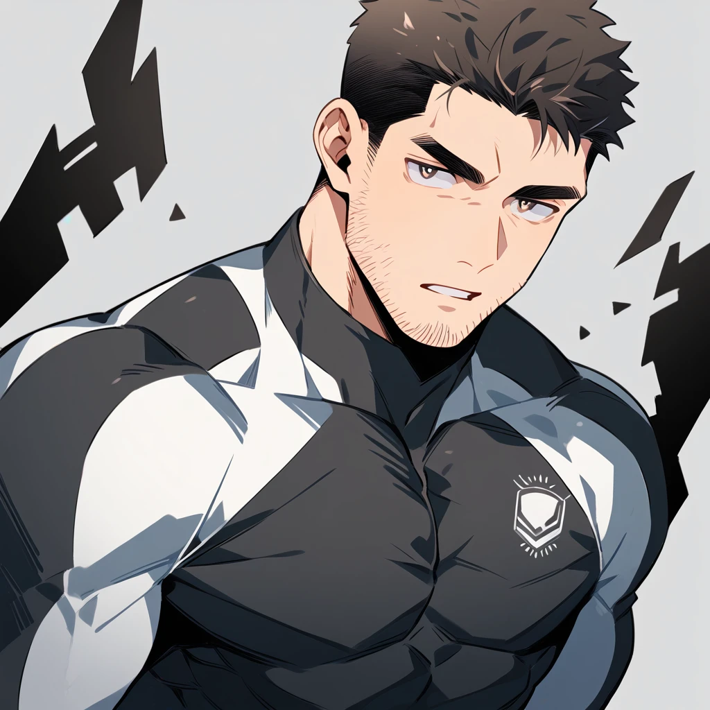 anime characters：Chris Redfield, Muscle Sports Student, Buzz Cut, Manliness, male focus, Dark black high collar long sleeve tight T-shirt, Slightly transparent material, Very tight, Round, full and perky chest muscles, muscular male, muscular, only, Upper body, alone, Black short hair, Thick eyebrows, stubble, Brown-red pupils, Grey background, simple background, amazing quality, best aesthetics, Ridiculous, crew cut, parted lips, v-shaped eyebrows, jitome, best quality