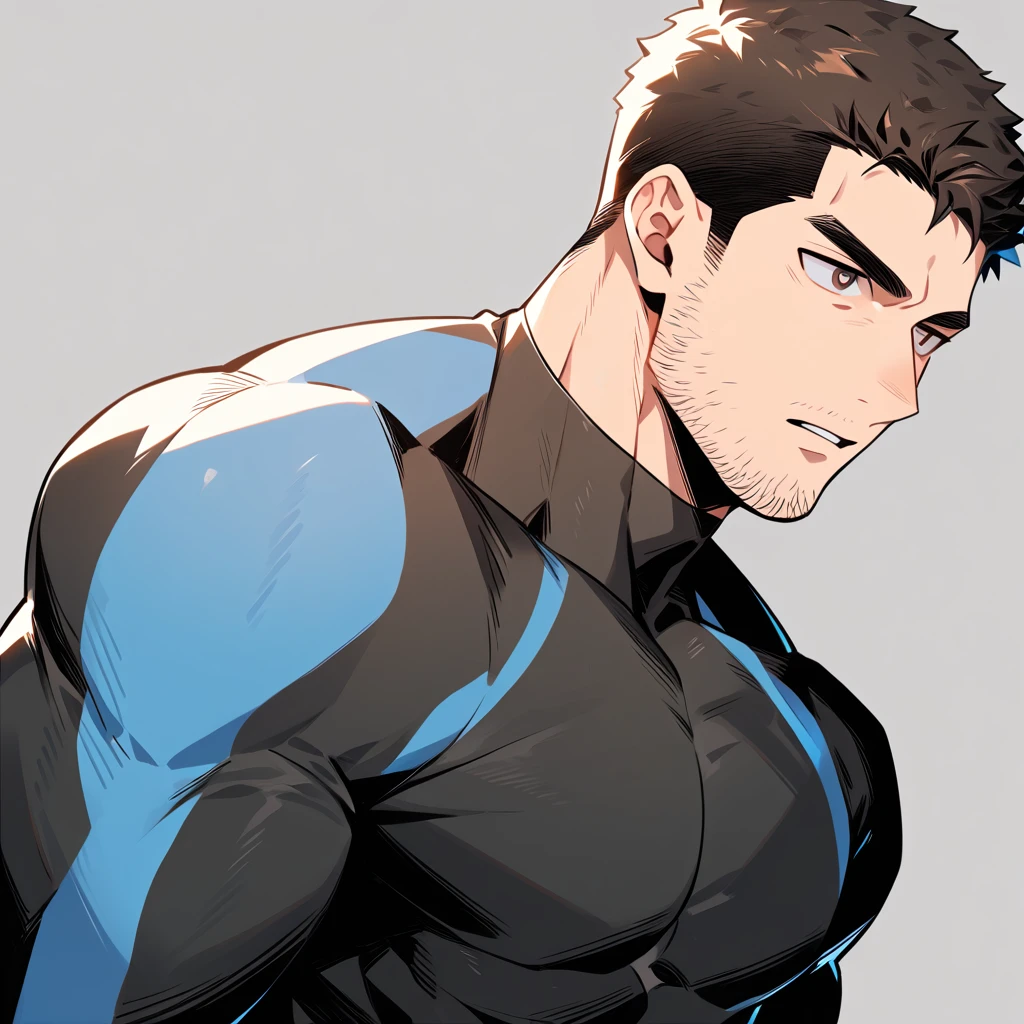 anime characters：Chris Redfield, Muscle Sports Student, Buzz Cut, Manliness, male focus, Dark black high collar long sleeve tight T-shirt, Slightly transparent material, Very tight, Round, full and perky chest muscles, muscular male, muscular, only, Upper body, alone, Black short hair, Thick eyebrows, stubble, Brown-red pupils, Grey background, simple background, amazing quality, best aesthetics, Ridiculous, crew cut, parted lips, v-shaped eyebrows, jitome, best quality