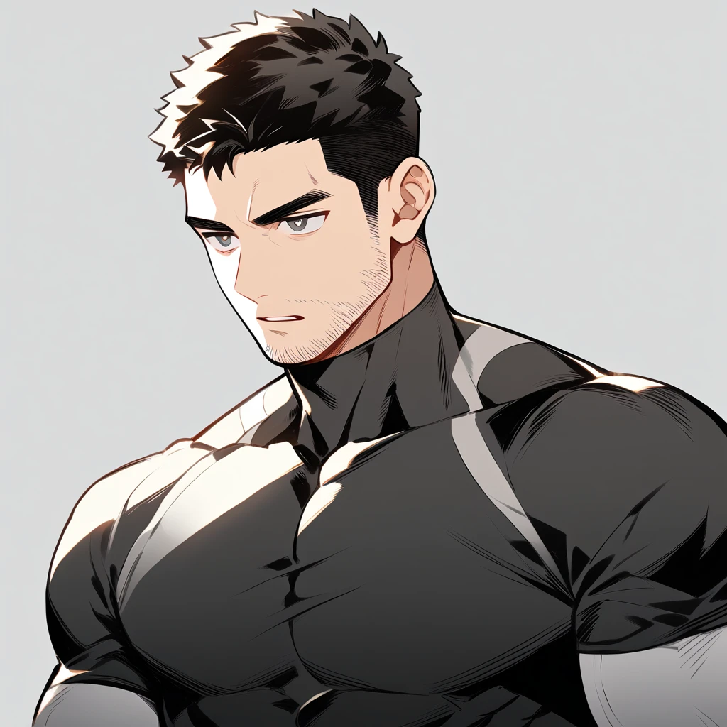 anime characters:Chris Redfield, Muscle Sports Student, Buzz Cut, Manliness, male focus, Dark black high collar long sleeve tight T-shirt, Slightly transparent material, Very tight, Round, full and perky chest muscles, muscular male, muscular, only, Upper body, alone, Black short hair, Thick eyebrows, stubble, Brown-red pupils, Grey background, simple background, amazing quality, best aesthetics, Ridiculous, crew cut, parted lips, v-shaped eyebrows, jitome, best quality