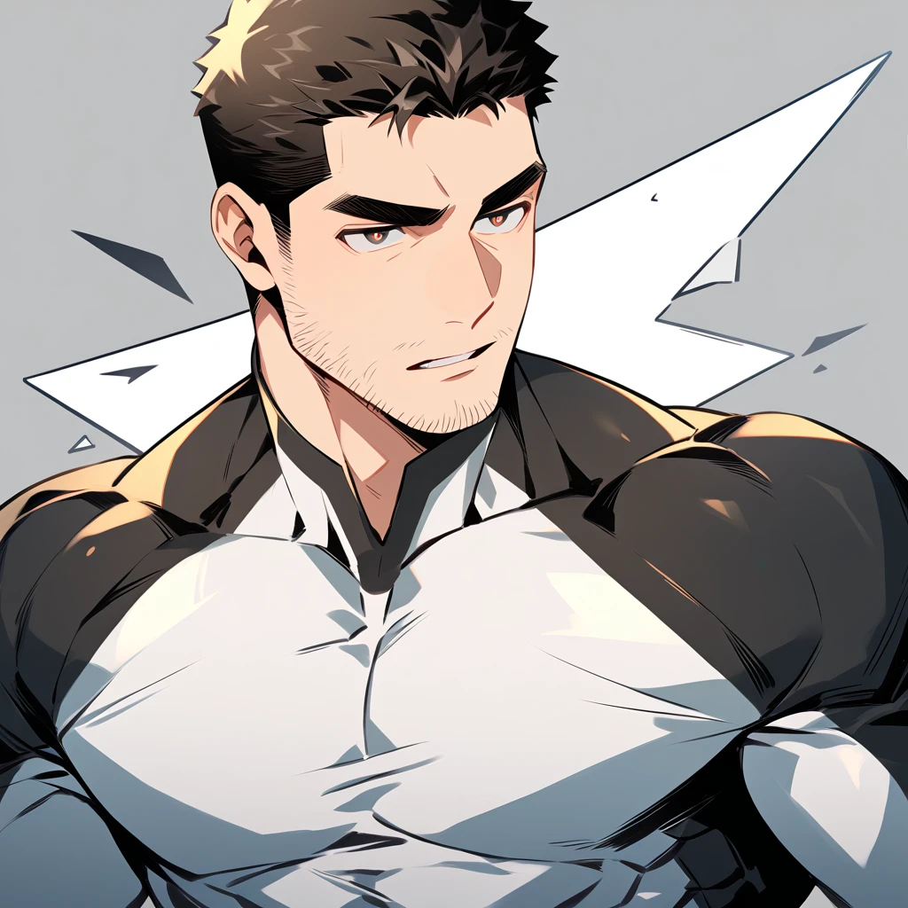 anime characters：Chris Redfield, Muscle Sports Student, Buzz Cut, Manliness, male focus, Dark black high collar long sleeve tight T-shirt, Slightly transparent material, Very tight, Round, full and perky chest muscles, muscular male, muscular, only, Upper body, alone, Black short hair, Thick eyebrows, stubble, Brown-red pupils, Grey background, simple background, amazing quality, best aesthetics, Ridiculous, crew cut, parted lips, v-shaped eyebrows, jitome, best quality