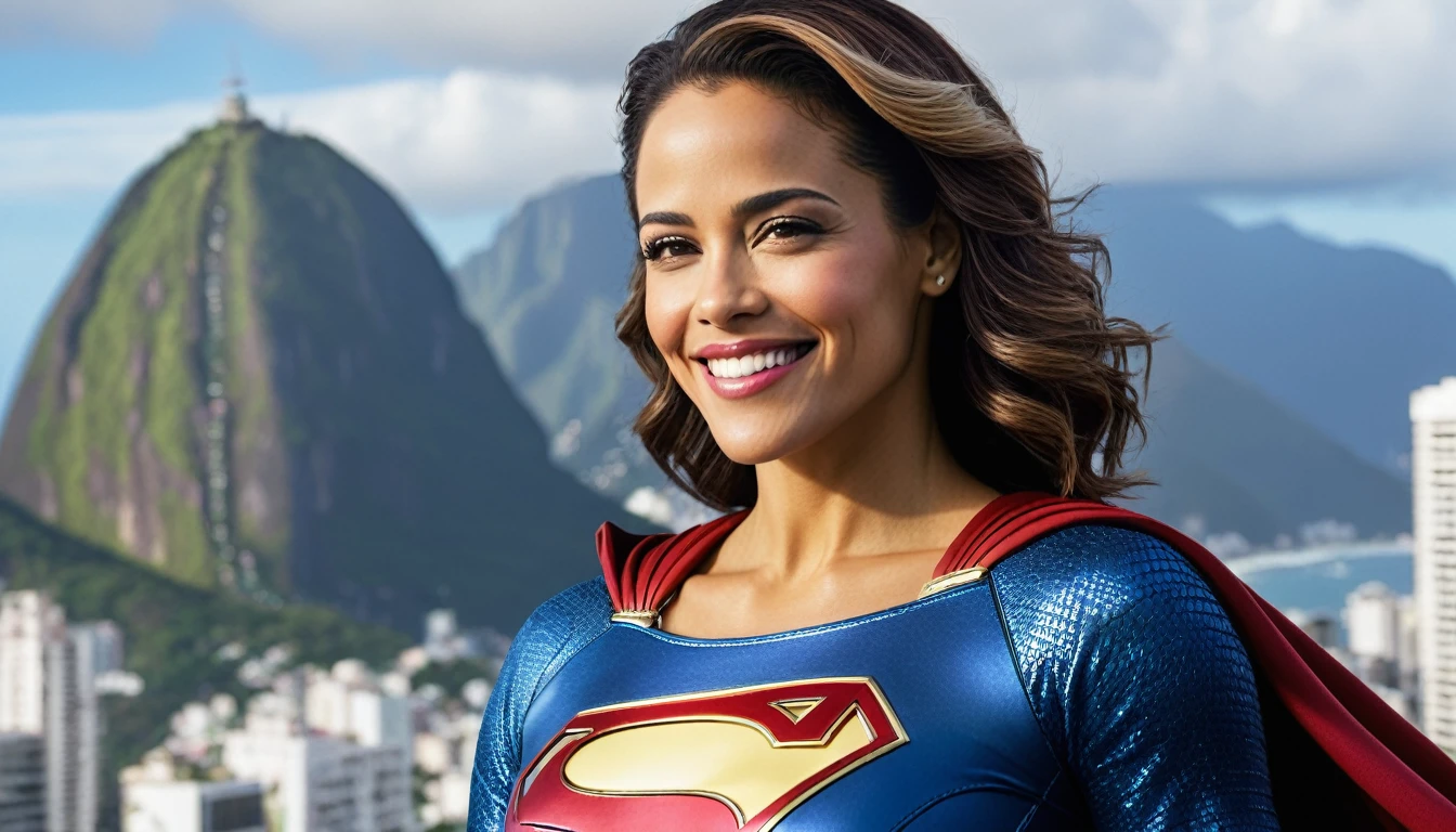 (((Rio de Janeiro City sky))); MARVEL CINEMATIC UNIVERSE, Marvel, DC, Paula Patton (((discreet smile; Beautiful and powerful))) in 1984 Supergirl (((movie))) costume, epic background, upper body, badass look, photo (Masterpiece) (Best quality) (detail) (8K) (HD) (Wallpaper) (Cinematic lighting) (Sharp Focus) (Intricate)