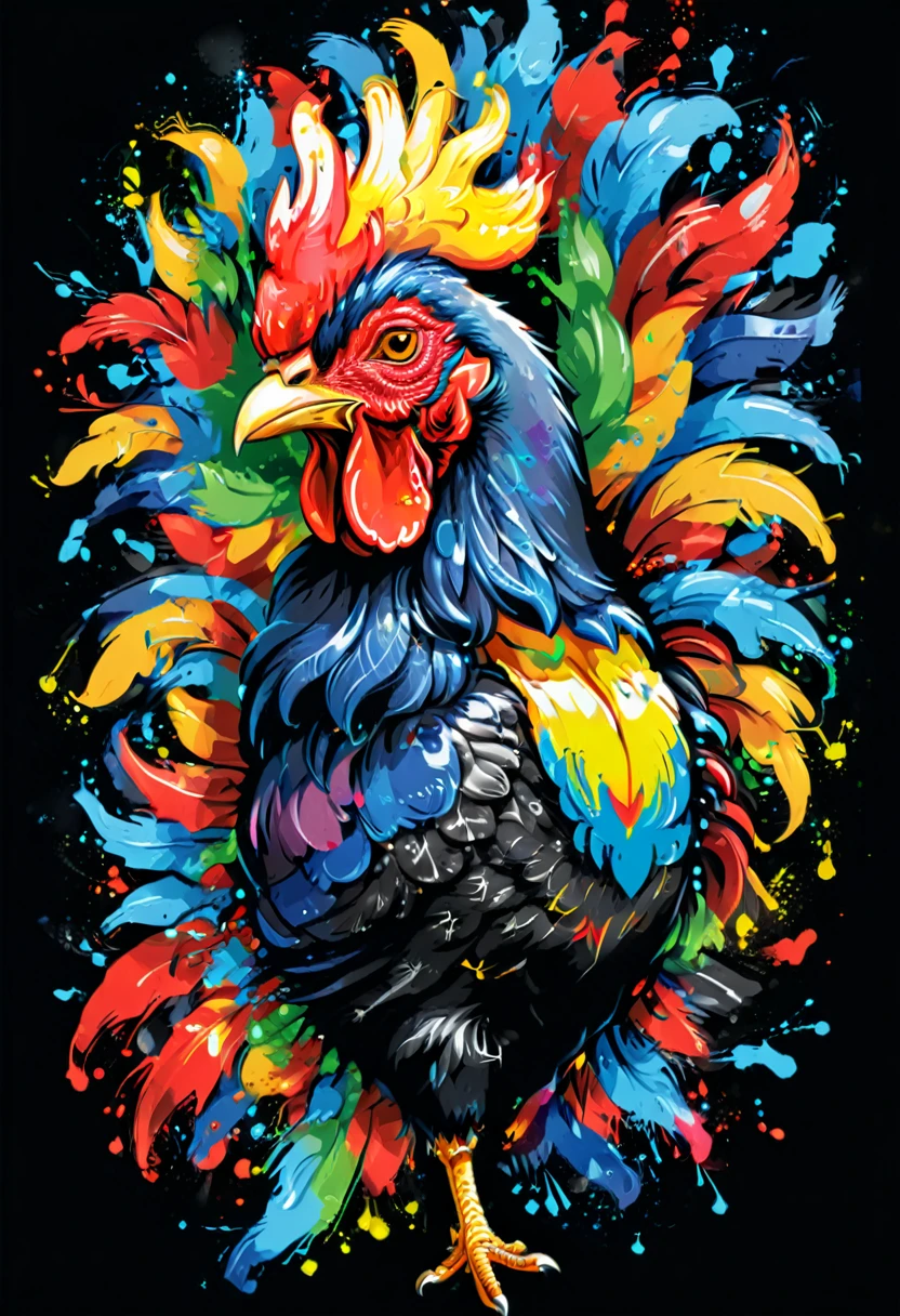 A t-shirt with vector art of a colorful illustration, barcelos rooster, At the center, swirly vibrant colors, paint splashes and smears, high détail,black backdrop
(work of art, best qualityer, proffesional, perfect composition, very aesthetic, absurdrez, super verbose, details Intricate:1.3)