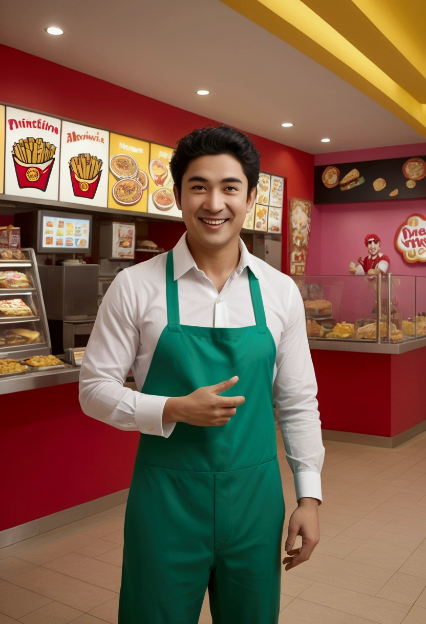 (Fast Food Worker), In the children's play area of a fast food restaurant, a male employee wearing branded doll clothing is playing and interacting with children. His expression is full of humor and vitality, attracting the children's attention. The background is a cheerful play area full of children's elements, full body, (Photography), panoramic view, award-winning, cinematic still, emotional, vignette, dynamic, vivid, (masterpiece, best quality, Professional, perfect composition, very aesthetic, absurdres, ultra-detailed, intricate details:1.3)
