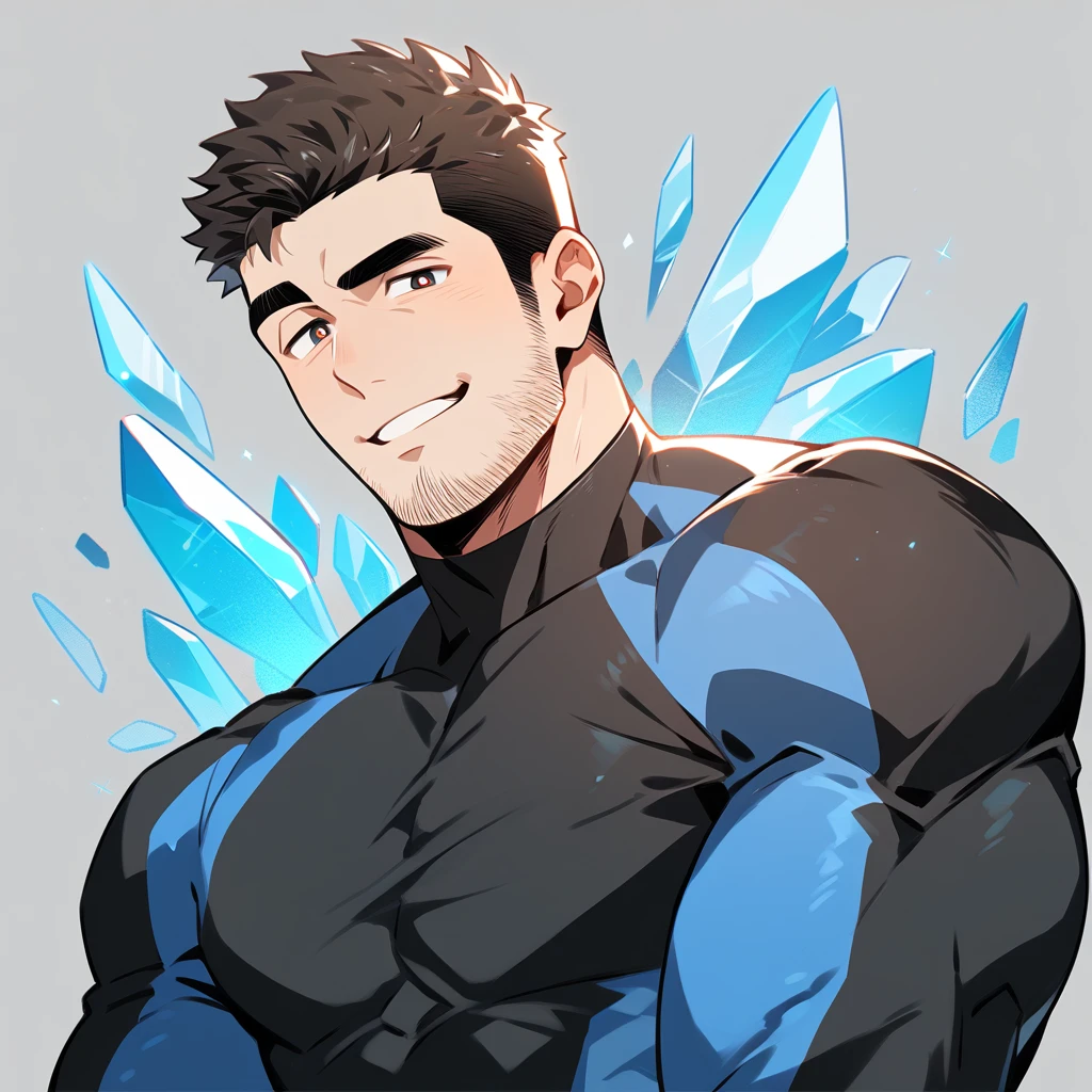 anime characters：Chris Redfield, Muscle Sports Student, Buzz Cut, Manliness, male focus, Dark black high collar long sleeve tight T-shirt, Slightly transparent material, Very tight, Round, full and perky chest muscles, muscular male, muscular, only, Upper body, alone, Black short hair, Thick eyebrows, stubble, Brown-red pupils, Grey background, simple background, amazing quality, best aesthetics, Ridiculous, crew cut, parted lips, raised eyebrow, seductive smile, naughty face, best quality