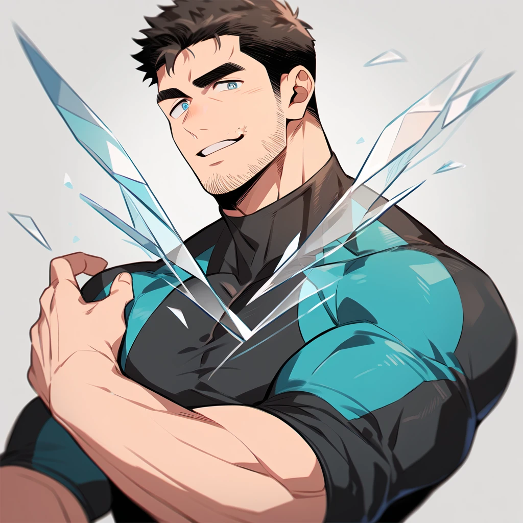 anime characters：Chris Redfield, Muscle Sports Student, Buzz Cut, Manliness, male focus, Dark black high collar long sleeve tight T-shirt, Slightly transparent material, Very tight, Round, full and perky chest muscles, muscular male, muscular, only, Upper body, alone, Black short hair, Thick eyebrows, stubble, Brown-red pupils, Grey background, simple background, amazing quality, best aesthetics, Ridiculous, crew cut, parted lips, raised eyebrow, seductive smile, naughty face, best quality