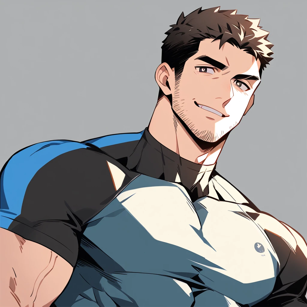 anime characters：Chris Redfield, Muscle Sports Student, Buzz Cut, Manliness, male focus, Dark black high collar long sleeve tight T-shirt, Slightly transparent material, Very tight, Round, full and perky chest muscles, muscular male, muscular, only, Upper body, alone, Black short hair, Thick eyebrows, stubble, Brown-red pupils, Grey background, simple background, amazing quality, best aesthetics, Ridiculous, crew cut, parted lips, raised eyebrow, seductive smile, naughty face, best quality