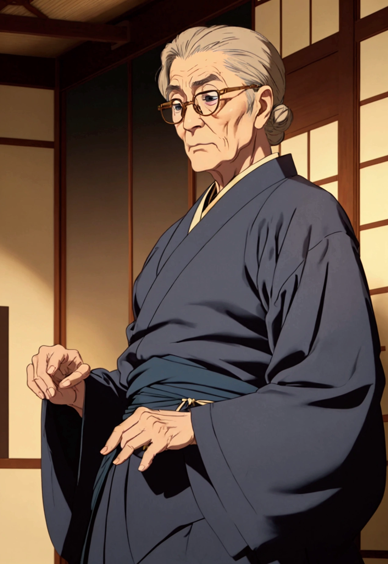 ((best qualityer)), ((work of art)), (detailded) kor: 90 Years Appearance: man hair: gris, long and tied into a traditional bun, with some loose threads. muka: Deeply wrinkled, with a serene and wise expression. eyeballs: brown, with an obvious scar on the right eye. tenue: Japanese traditional kimono, dark blue with gold details. Accessories: Wear a pair of round glasses. stance: Erect and dignified, reflecting your wisdom and life experience.