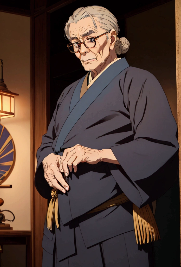 ((best qualityer)), ((work of art)), (detailded) kor: 90 Years Appearance: man hair: gris, long and tied into a traditional bun, with some loose threads. muka: Deeply wrinkled, with a serene and wise expression. eyeballs: brown, with an obvious scar on the right eye. tenue: Japanese traditional kimono, dark blue with gold details. Accessories: Wear a pair of round glasses. stance: Erect and dignified, reflecting your wisdom and life experience.
