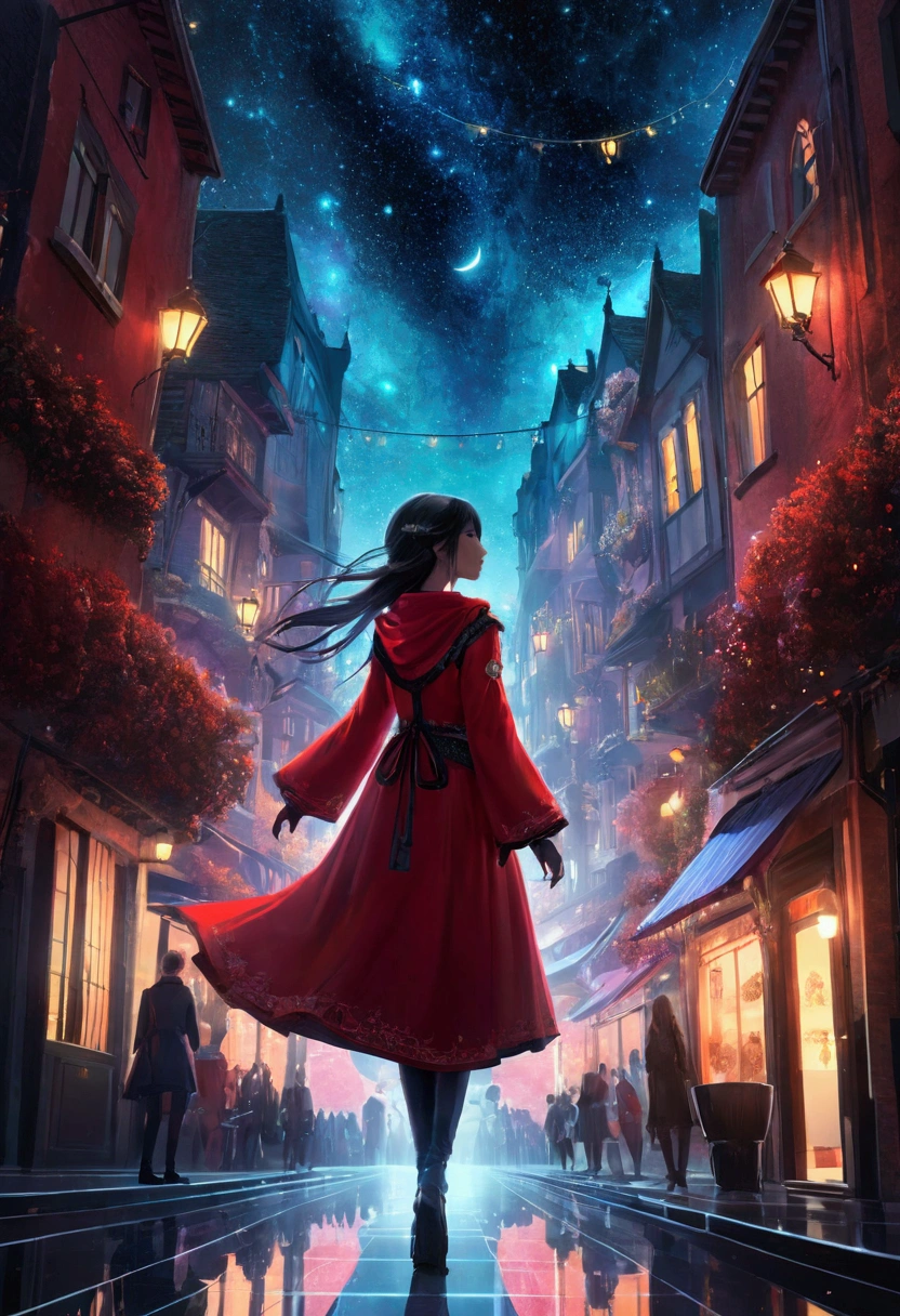 night,1 girl,Starry Sky,fantasy,magic,mystery,illusory,Dreamy,(Inverted red symmetrical city silhouette:1.2), Dramatic lighting,high quality,Octane Rendering,Concept map of the scene,(Motion Graphics:1.1), (Bokeh), (Fascinating concept art), (Magical atmosphere), (Stunning visuals), (Surreal), (Like a dream), (Awesome), (A balanced color palette), (masterpiece:1.2), (high resolution), (Clear focus), (Physically Based Rendering), (striking), (interesting), (Fascinating), (Beautifully), (The Wow Factor), (memorable)