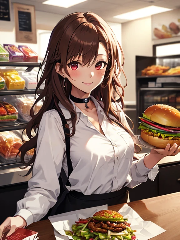 counter, Smile, Fast food clerk, Fast Food Worker, Misaka Mikoto, 1girl, black choker, uhd, retina, masterpiece, ccurate, anatomically correct, textured skin, super detail, high details, high quality, best quality, highres, 4K
