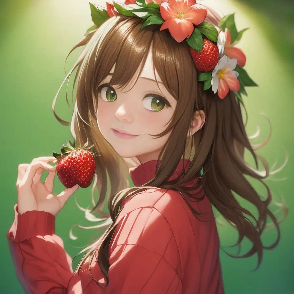 anime girl with flower crown holding a strawberry in her hand, kawaii realistic portrait, kawacy, cute anime girl, anime visual of a cute girl, anime moe artstyle, cute anime girl portrait, high quality anime artstyle, marin kitagawa fanart, [[[[grinning evily]]]], high quality portrait, cute anime girl portraits