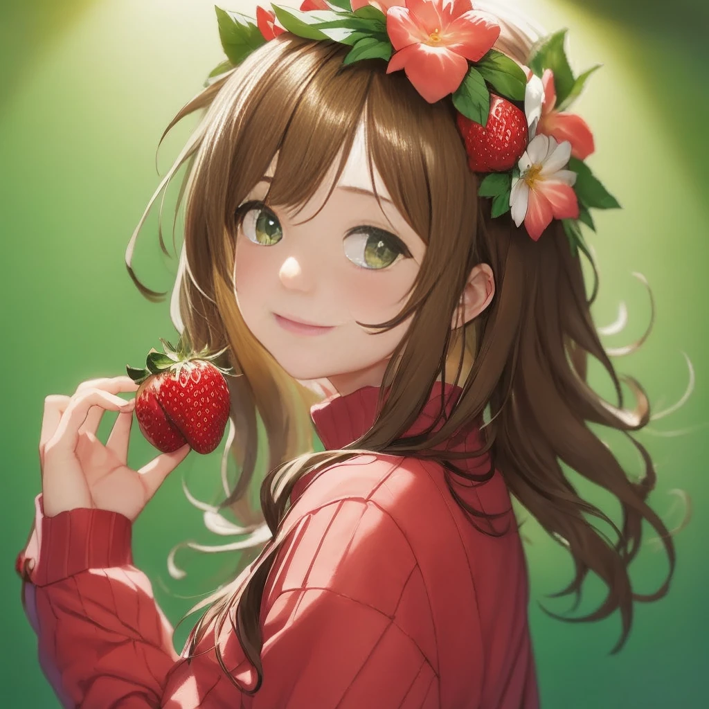 anime girl with flower crown holding a strawberry in her hand, kawaii realistic portrait, kawacy, cute anime girl, anime visual of a cute girl, anime moe artstyle, cute anime girl portrait, high quality anime artstyle, marin kitagawa fanart, [[[[grinning evily]]]], high quality portrait, cute anime girl portraits