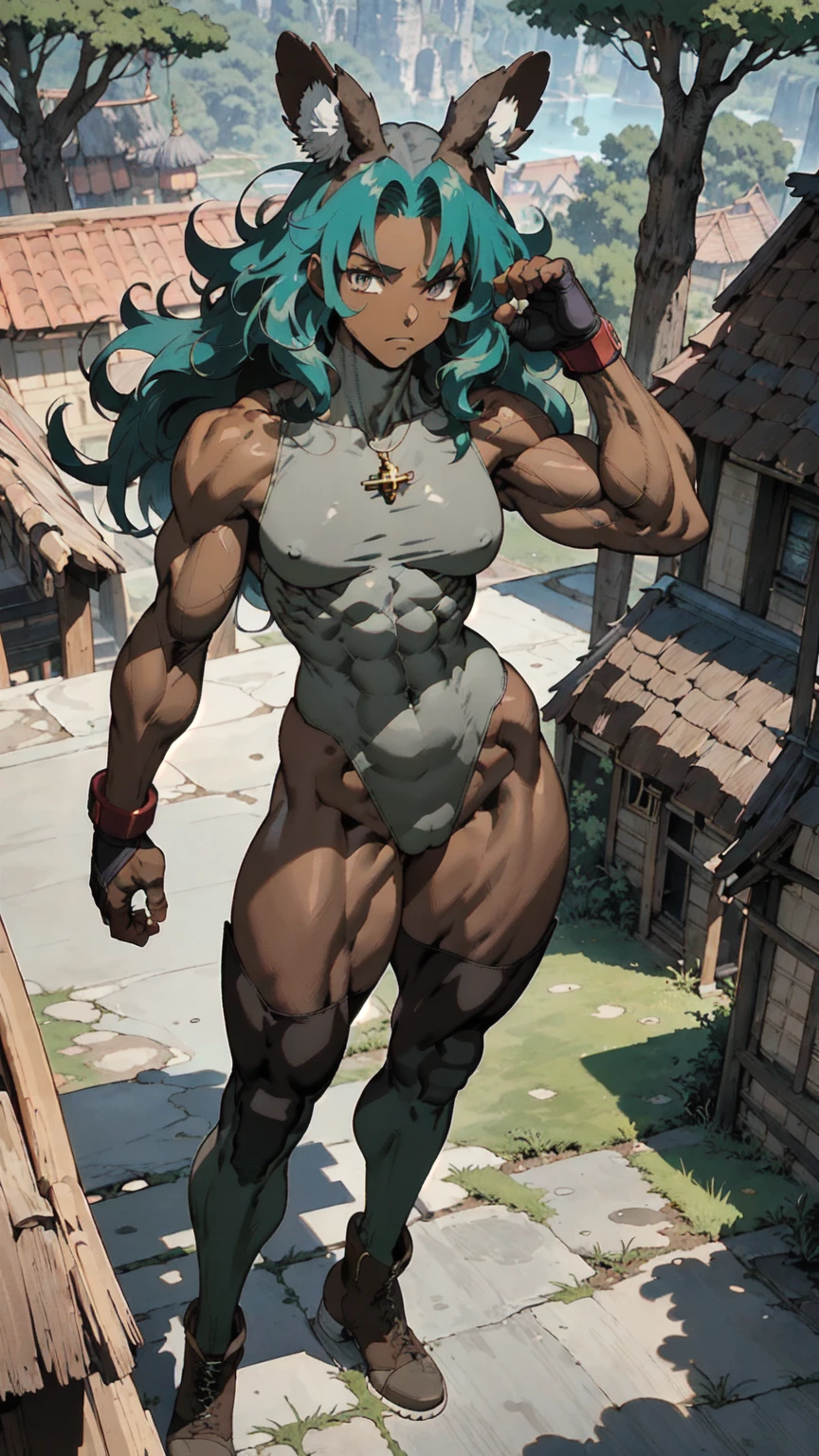 (athletic muscular body), {{{(((african american)))}}}, {{{((( (glossy) (smooth) ((dark brown skin)) )))}}}, (((pro wrestler))), (((kunoichi))), {{{(((24-year-old)))}}}, {{{(((young woman)))}}}, (((tomboy))), (((stoic))), (((bored))), (((emotionless))), (((wolflike))), ( (messy) (curly) (((long))) (dark mint green hair) ), (big intense (silver eyes) ), (small breasts), toned abs, {{{(((strong leg muscles)))}}}, toned biceps, toned forearms, toned deltoids, toned triceps, toned erector spinae, toned rhomboids, toned hamstring muscles, firm muscular glutes ,{{{(((strong back muscles)))}}}, (((thick muscular ezius))), (((big muscular latissimus))), toned quadriceps, toned gastrocnemius, toned soleus, amazing ass, (((character wearing a (skintight long sleeve (brown with some gray) ( fur pelt bodysuit) ) ))), (((knee pads))), (((fingerless gloves))), (((combat boots))), {{{(((lush fantasy ancient forest (village) )))}}}, {{{(((standing on the roof of a house )))}}}, {{{(((great anatomy)))}}}, {{{(((high muscle mass)))}}}, {{{(((well-trained muscles)))}}}, {{{(((well-toned muscles)))}}}, {{{(((best quality)))}}}, {{{(((masterpiece)))}}}, {{{(((wide shot)))}}}, {{{(((90s anime)))}}}