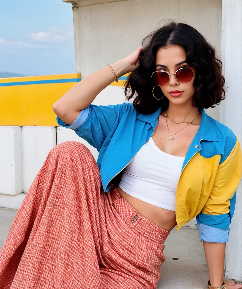 A Girl wearing Retro outfits, vintage accessories, sunglasses, and nostalgic color palettes.