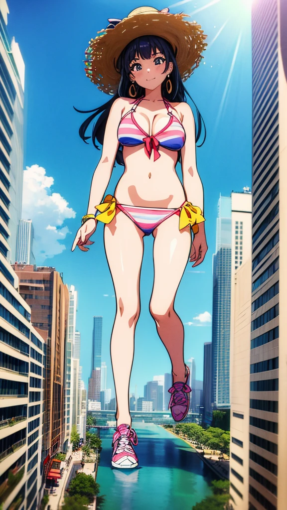 masterpiece Unreal Engine Anime Style Delicate painting 4K 90's giant Multiple Girls crowd Local metropolis Residential Street apartment Apartment ((高層apartment街の谷間の道路の上に立っている巨大なBikini Swimwearの女の子)) blue sky cumulonimbus sun shine Bikini Swimwear paola sneakers Straw hat smile female giant giant girl Whole body Destroyed skyscrapers Destroyed cars Crowd Unreal Engine,cleavage ,a drawing of a , earrings, long hair, 1980s (style) Cute picture Beauty Analog style whole body sneakers