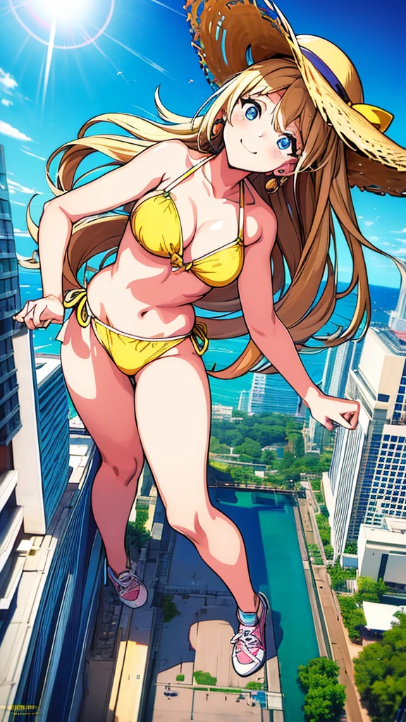 masterpiece　　Unreal Engine　Anime Style　Delicate painting　4K　90's　giant　Multiple Girls　crowd　 　Local metropolis　Residential Street　apartment　Apartment　　((高層apartment街の谷間の道路の上に立っている巨大なBikini Swimwearの女の子)) blue sky　cumulonimbus　sun shine　Bikini Swimwear　paola　sneakers　Straw hat　　smile　female giant giant girl Whole body 　 Destroyed skyscrapers Destroyed cars Crowd Unreal Engine,cleavage ,a drawing of a , earrings, long hair, 1980s (style) Cute picture　Beauty　Analog style　whole body　sneakers　