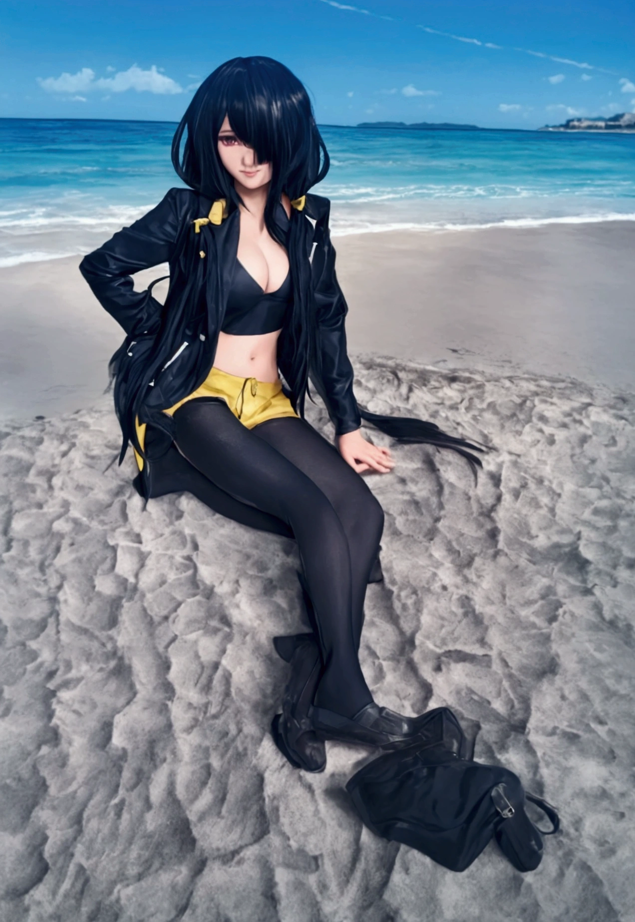 ultra-detailed, highly detailed,nbest quality, masterpiece, illustration, 
A young individual with long, black hair stands on a sandy beach with the ocean in the background. They are wearing a black leather jacket with yellow accents, a black crop top, and blue denim shorts. An umbrella and some stone structures are partially visible behind them. The weather appears sunny and clear.