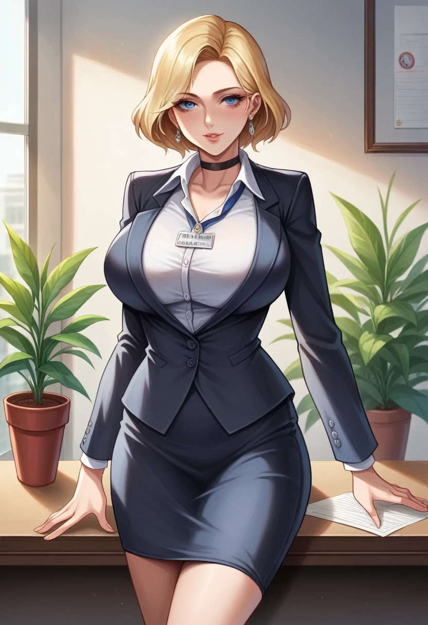 a woman walking in the office hall, a white wall, a grey table, plants, sexy poses, blur background, focus,
(((masterpiece))), ((best quality)), ((intricate detailed)), ((Hyperrealistic)), absurd res, milf, mature woman, perspective, highly detailed, illustration, 1girl, ((large breasts)), perfect hands, detailed fingers, beautiful detailed eyes, short hair, blonde hair, blue eyes, nametag, CEO, (business outfit:1.2), open blazer, shirt, tight skirt, black choker, earrings, detailed background, bedroom, perfect eyes, seductive eyes, looking at the viewer, from back and do sex with her employment in vagina
