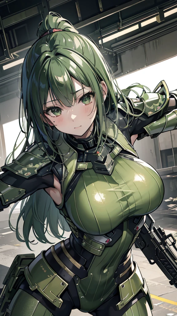 ８ｋ,Realistic skin texture、Surrealism、Realistic photos、A futuristic Japanese female soldier stands among the ruins、Damaged moss green metal armor、Armor with skull markings painted on it、Unit livery and identification number、peeling paint、Grease stains、energy rifle、fight、Detailed description、dynamic poses
