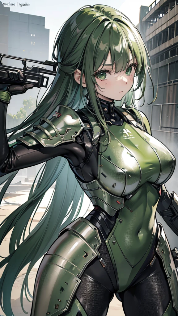 ８ｋ,Realistic skin texture、Surrealism、Realistic photos、A futuristic Japanese female soldier stands among the ruins、Damaged moss green metal armor、Armor with skull markings painted on it、Unit livery and identification number、peeling paint、Grease stains、energy rifle、fight、Detailed description、dynamic poses
