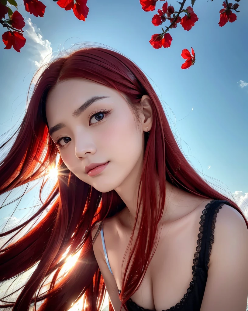 (Highest quality, 32k, High resolution, Masterpiece:1.5, ), marimo_jet, god々A photograph with brilliant dazzling and healing power., Evoking a sense of calm and elusive beauty, Expressing emotions, Have a rich imagination, Beautiful Japanese Girls, ((Low - Angle:1.4)), An exceptionally beautiful face, Small Face Beauty, Perfect Human Anatomy, Magical big eyes, Motherhood and generosity, Deep Love, fleeting smile, ((Shiny Red Hair:1.4)), Super long straight silk hair swaying in the wind, Asymmetrical bangs, Hair between the eyes, Transparent, soft white skin, Sharp eyebrows, Thin lashes, Natural Makeup, Cheek highlighter, Lips with fine detail, (Black see-through camisole:1.4), High resolutionの完璧な鎖骨, High resolutionの美しい胸元, Slim figure with ample breasts, High resolutionの美しい太もも, ((Beautifully detailed skies:1.2)), ((Vibrant petal effect:1.2)), Professional photographer, Professional Lighting, Professional models, god秘的