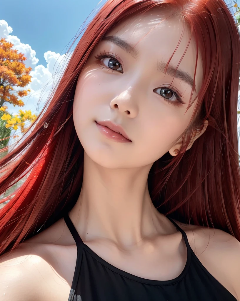 (Highest quality, 32k, High resolution, Masterpiece:1.5, ), marimo_jet, god々A photograph with brilliant dazzling and healing power., Evoking a sense of calm and elusive beauty, Expressing emotions, Have a rich imagination, Beautiful Japanese Girls, ((Low - Angle:1.4)), An exceptionally beautiful face, Small Face Beauty, Perfect Human Anatomy, Magical big eyes, Motherhood and generosity, Deep Love, fleeting smile, ((Shiny Red Hair:1.4)), Super long straight silk hair swaying in the wind, Asymmetrical bangs, Hair between the eyes, Transparent, soft white skin, Sharp eyebrows, Thin lashes, Natural Makeup, Cheek highlighter, Lips with fine detail, (Black see-through camisole:1.4), High resolutionの完璧な鎖骨, High resolutionの美しい胸元, Slim figure with ample breasts, High resolutionの美しい太もも, ((Beautifully detailed skies:1.2)), ((Vibrant petal effect:1.2)), Professional photographer, Professional Lighting, Professional models, god秘的