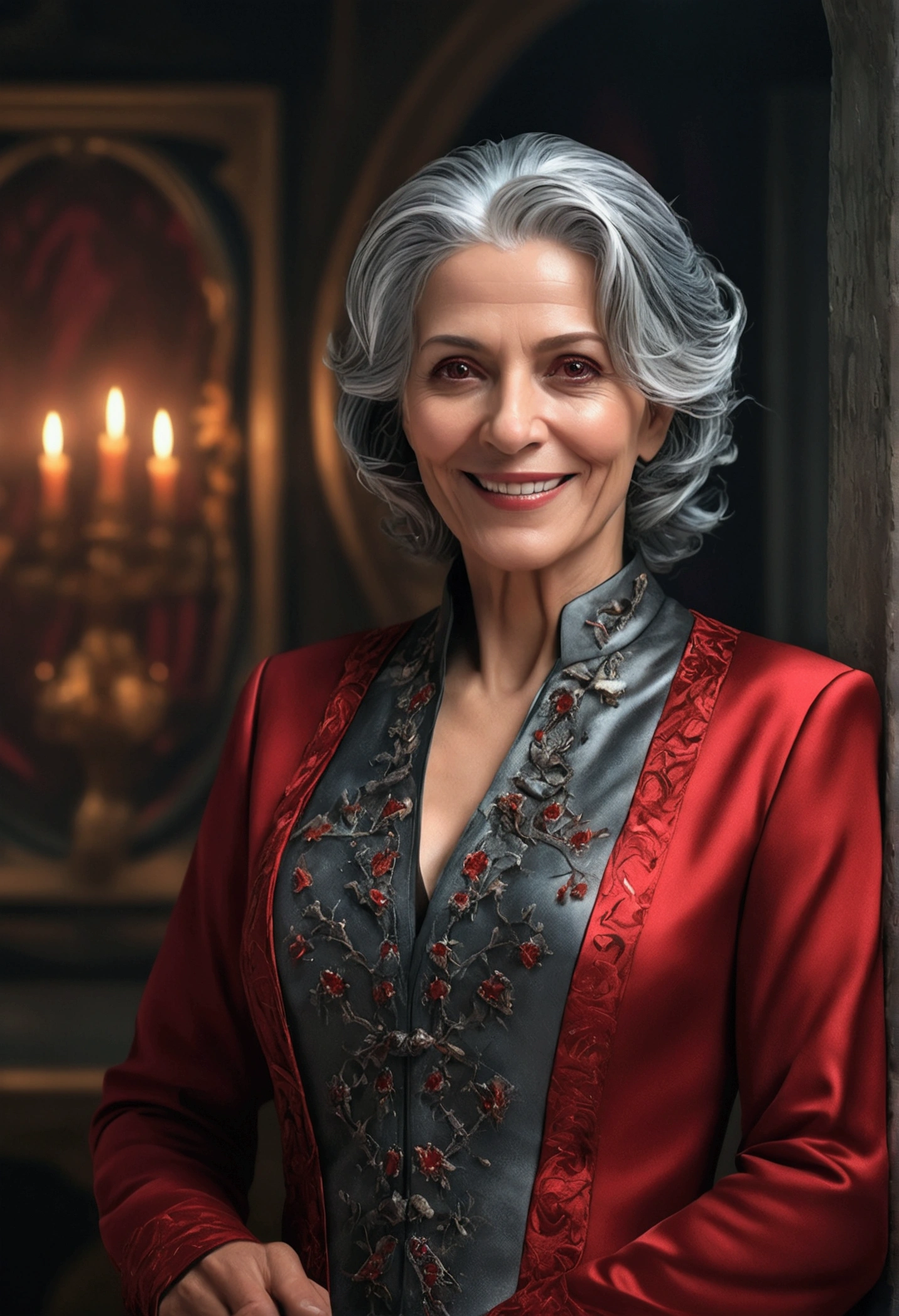 a beautiful milf with gray hair and red eyes, wearing noble clothes, smiling like a crazy psychopath, in a surreal split dimension room, (best quality,4k,8k,highres,masterpiece:1.2),ultra-detailed,(realistic,photorealistic,photo-realistic:1.37),intricate details, dramatic lighting, cinematic composition, dark moody atmosphere, rich colors, oil painting, digital art