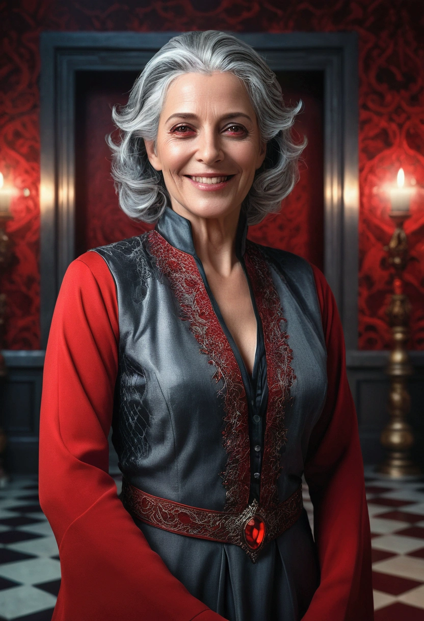 a beautiful milf with gray hair and red eyes, wearing noble clothes, smiling like a crazy psychopath, in a surreal split dimension room, (best quality,4k,8k,highres,masterpiece:1.2),ultra-detailed,(realistic,photorealistic,photo-realistic:1.37),intricate details, dramatic lighting, cinematic composition, dark moody atmosphere, rich colors, oil painting, digital art