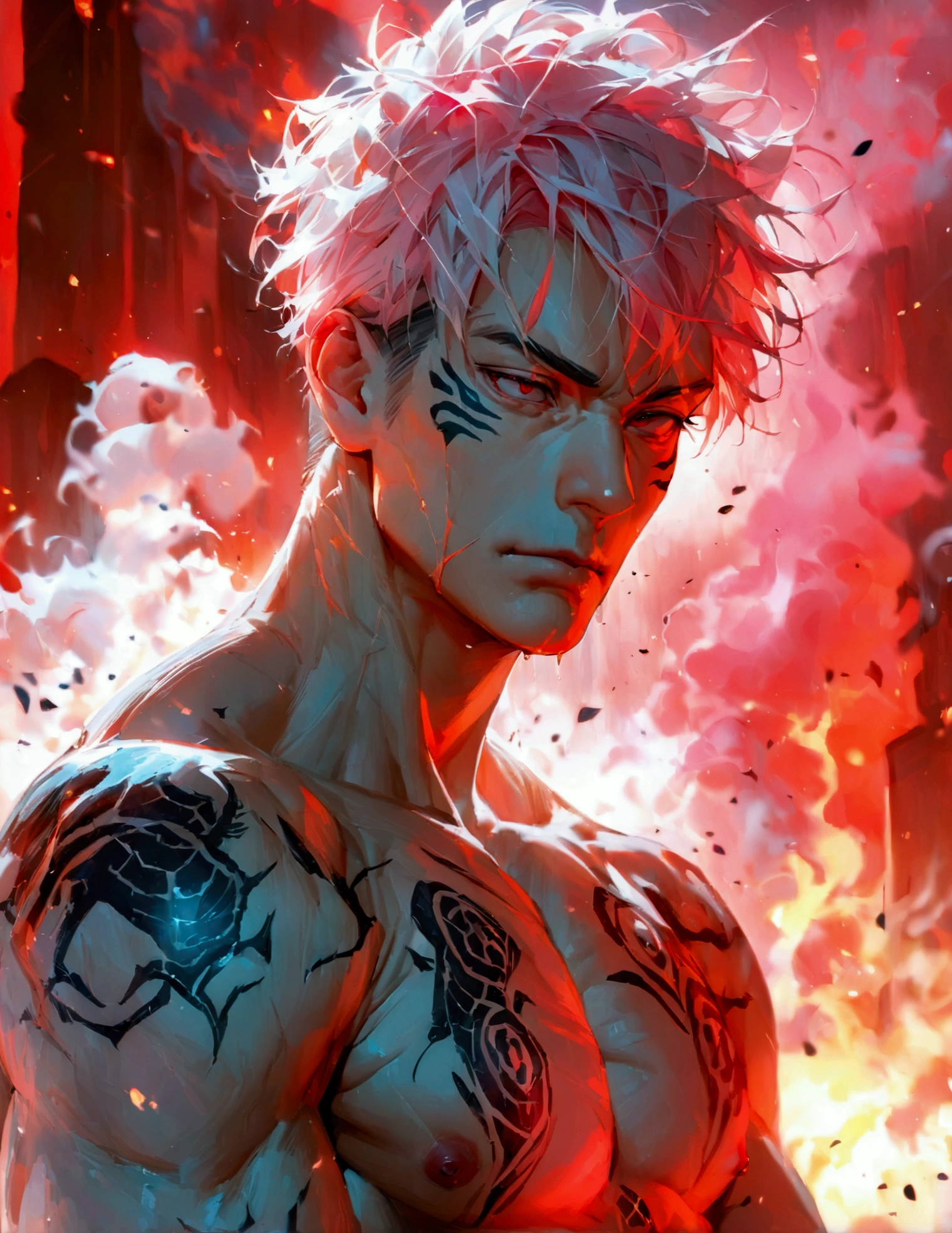 (masterpiece:1.3),(best quality:1.4),(Very detailedな:1.5),high resolution,Very detailed,8K,(1 male,Sukuna two sides,Jujutsu Sea Battle,Pink Hair), muscle,Tattoo,Handsome white-haired guy,((Topless)),Ultra-short hair,smoke、Red Eyes、(The background is an image of a fiery hell)
