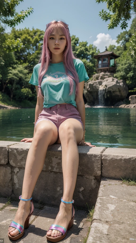 High quality, 8k, masterpiece
Girl from korea, 23 year old, long green hair, dull hair, pink accessories, sparkle eye, eye catching, blue t shirt, hot pants, with sandals, background lake, the water is cristal clear, refracted lights, the corner of the mouth are upturned, hd quality wallpaper, 3D renderingof, realistik photoshoot