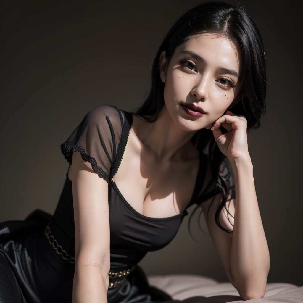 best quality, masterpiece, (photorealistic:1.4), 1girl, light smile, waist up, dramatic lighting, from below, goth, black lipstick