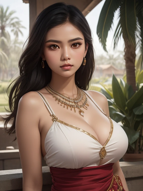 (extremely detailed 8K:1.5),(work of art:1.5), (best qualityer:1.5), (finely detailed eyes and detailed face:1.3), (ultra detali), (extremely delicate and beautiful),cinematic light,dynamic angle,floating,sharp focus, ,(disheveled hair:1.2),(beautiful detailed eyes:1.1),beautiful indonesian girl, wearing a sexy traditional Sudanese Kebaya dress, Tipo de cos curvilíneo, tipo de cos voluptuoso, Tipo de cos curvilíneo, tipo de cos grosso, large breasted, Breasts huge, (full-featured_cos), Sudanese art and culture, Indonesian police park background
