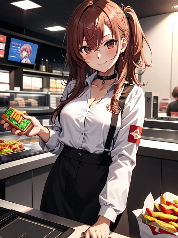 counter, Smile, Fast food clerk, Fast Food Worker, Misaka Mikoto, 1girl, black choker, uhd, retina, masterpiece, ccurate, anatomically correct, textured skin, super detail, high details, high quality, best quality, highres, 4K
