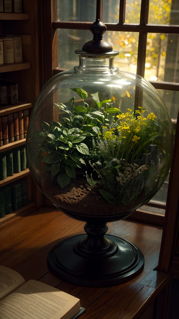 Glowing flower field inside Apothecary Jar,Bokeh,Grim,Neon Light,intricate,elegant,in a witch's hut,books,cauldron,window,herbs,cutecore,