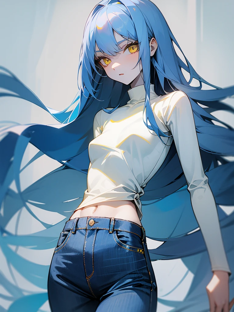 Solo girl, tall body, slim body, long blue hair, yellow eyes, pale skin. white top, jeans.